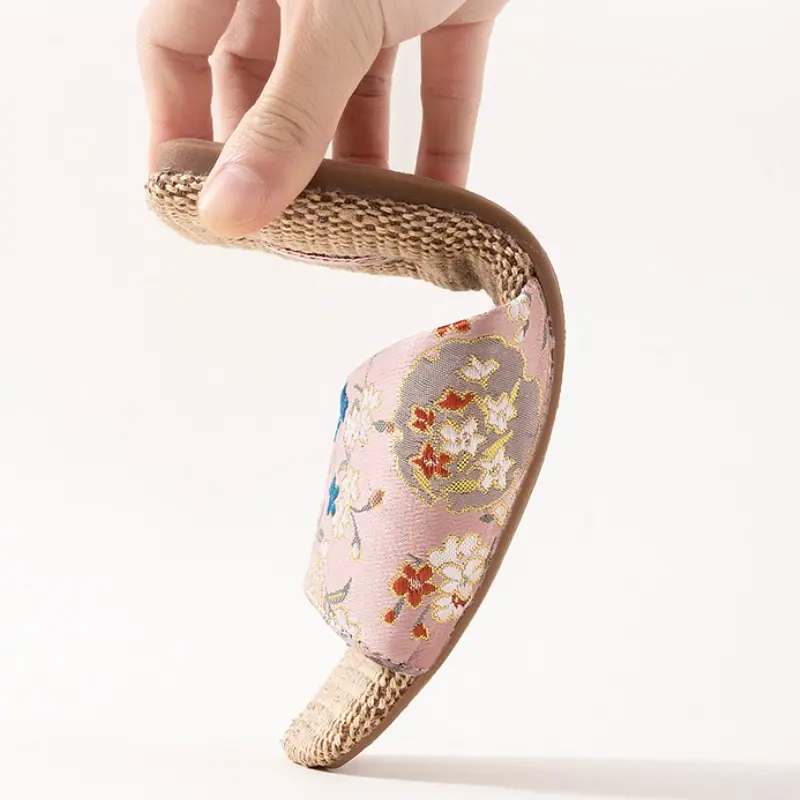 Breathable Indoor Linen Slippers For Women Men Home Floor Shoes Chinese Style Emrobidery Anti-slip Couples House Bedroom Slides