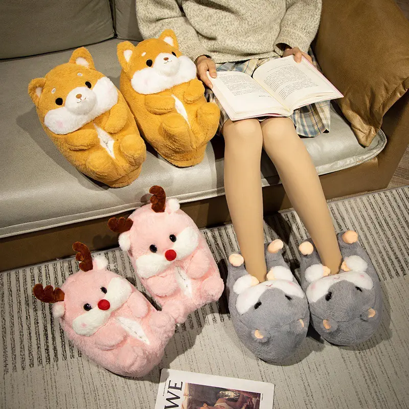 Cute Cartoon Dog Rabbit Indoor Fluffy Slippers For Women Home Floor Warm Shoes Soft Faux Fur Female Winter Cotton Shoes