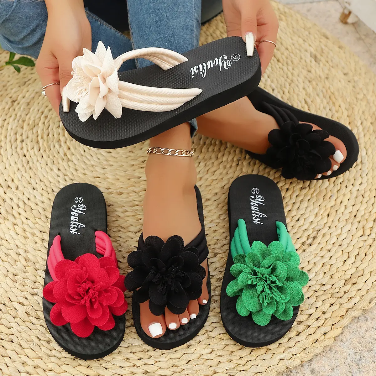 36-44 Women's Handmade Flower Decorated Flip Flops Slippers for Beach Vacation Casual Comfortable Flat Sandals Red Shoes