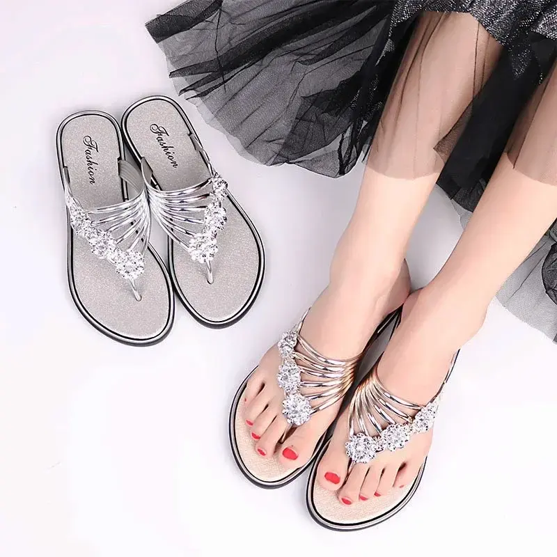 Women's Floral Flip Flops Summer Korean Style Flat Shoes Casual Lightweight Slippers Plus Size Beach Sandals Pantuflas De Mujer