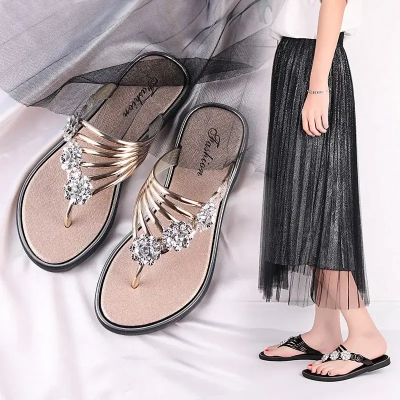 Women's Floral Flip Flops Summer Korean Style Flat Shoes Casual Lightweight Slippers Plus Size Beach Sandals Pantuflas De Mujer