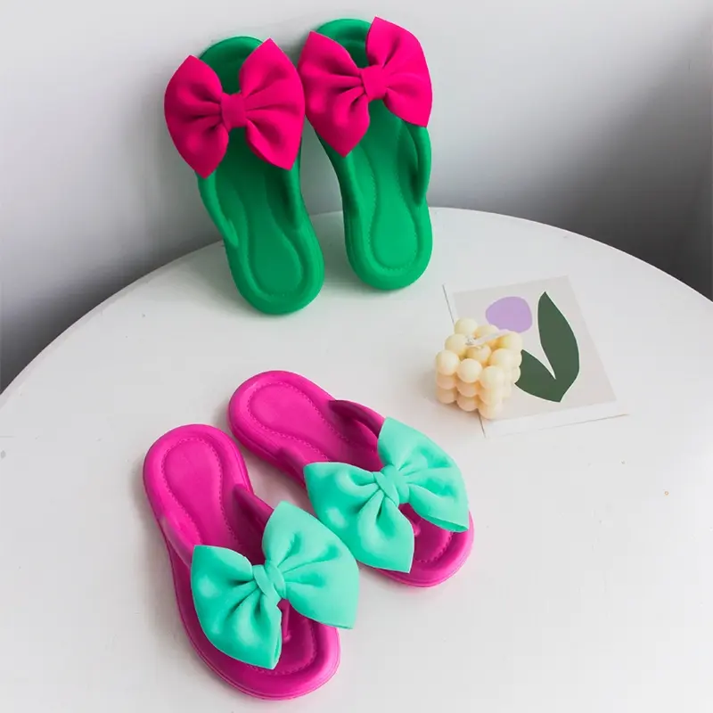 2024 New Women's Bowknot Slippers Adult Sweet Non-Slip Bow Flip Flops Girls Soft Candy Color Fashion Flat Slides Indoor Sandals