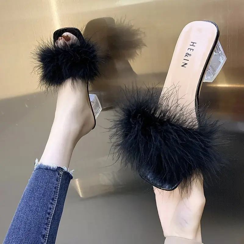 Fashion Slippers Women's Summer New Open Toe Plush Fox Fur Chunky with Flip Flops Sexy Home Banquet Square Toe Simple Pumps