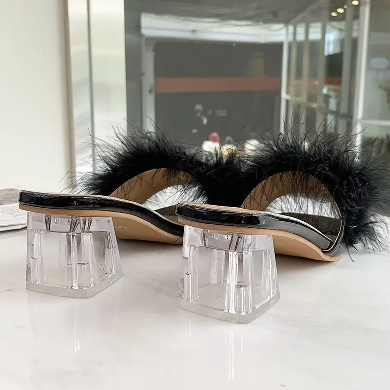 Fashion Slippers Women's Summer New Open Toe Plush Fox Fur Chunky with Flip Flops Sexy Home Banquet Square Toe Simple Pumps