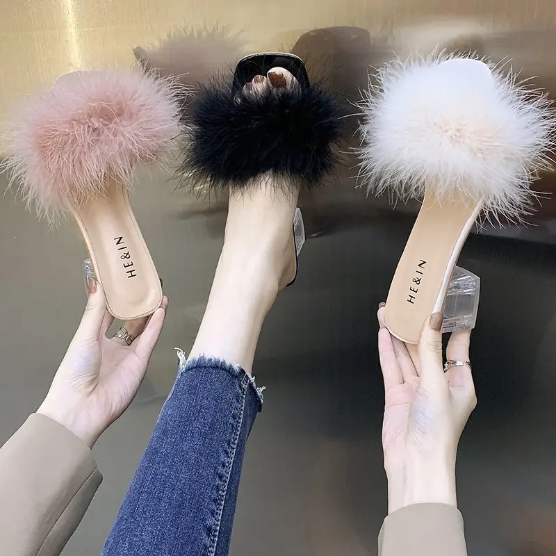 Fashion Slippers Women's Summer New Open Toe Plush Fox Fur Chunky with Flip Flops Sexy Home Banquet Square Toe Simple Pumps