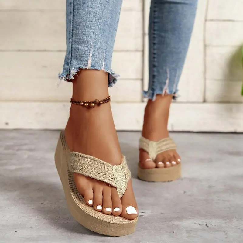 Bohemia Twine Weave Strap Flip Flops Women 2025 Summer Classic Chunky Platform Wedge Heels Slippers Women Sexy Beach Sandals