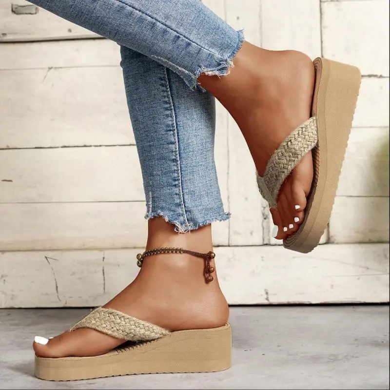 Bohemia Twine Weave Strap Flip Flops Women 2025 Summer Classic Chunky Platform Wedge Heels Slippers Women Sexy Beach Sandals