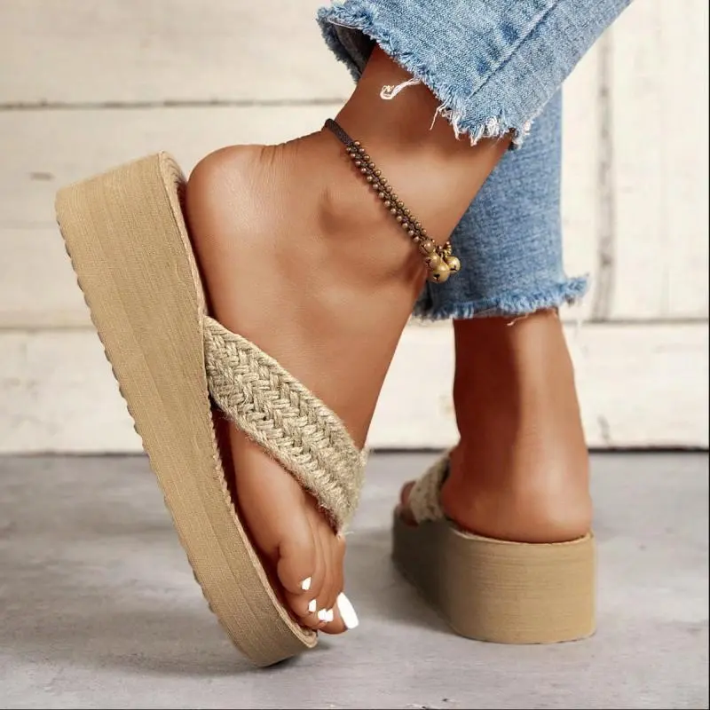 Bohemia Twine Weave Strap Flip Flops Women 2025 Summer Classic Chunky Platform Wedge Heels Slippers Women Sexy Beach Sandals