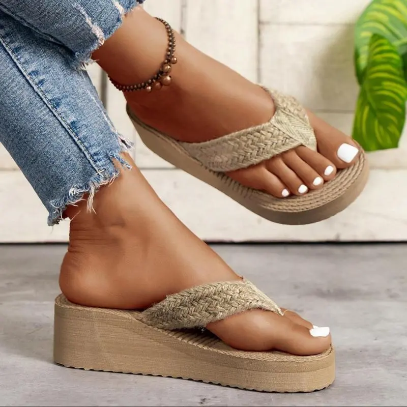 Bohemia Twine Weave Strap Flip Flops Women 2025 Summer Classic Chunky Platform Wedge Heels Slippers Women Sexy Beach Sandals