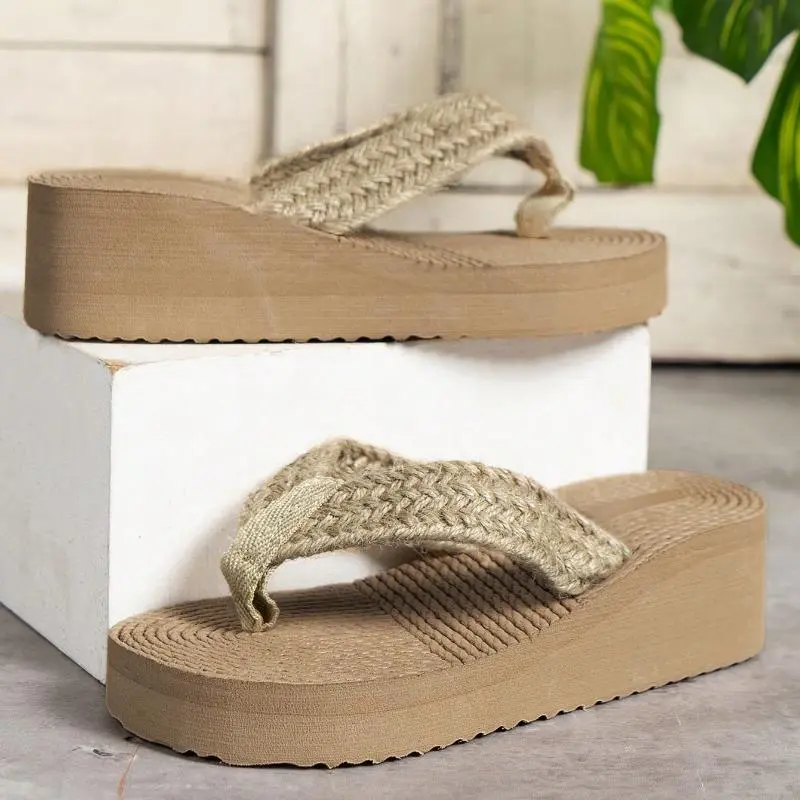 Bohemia Twine Weave Strap Flip Flops Women 2025 Summer Classic Chunky Platform Wedge Heels Slippers Women Sexy Beach Sandals
