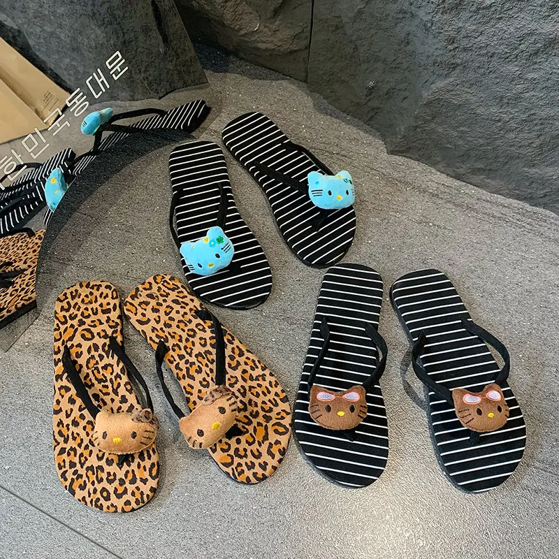 Sanrio Hellokitty Leopard Print Flip Flops Cute Home Slippers Fashion Casual Out/In Door Ladies Slippers Woman Beach Shoes Gift