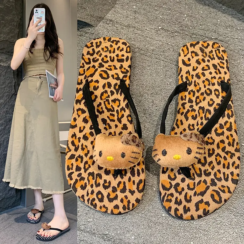 Sanrio Hellokitty Leopard Print Flip Flops Cute Home Slippers Fashion Casual Out/In Door Ladies Slippers Woman Beach Shoes Gift