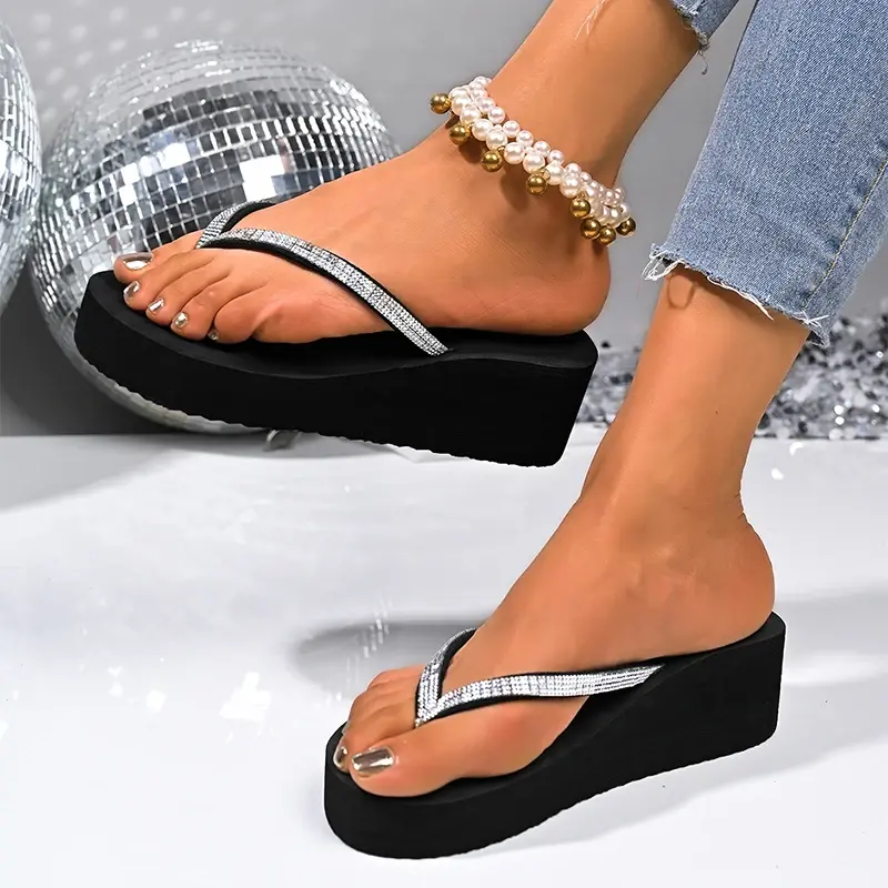 Black Crystal Flip Flops Woman Clip Toe Wedge Heels Slippers for Women Lightweight Platform Thick Sole Beach Slides Summer 2025
