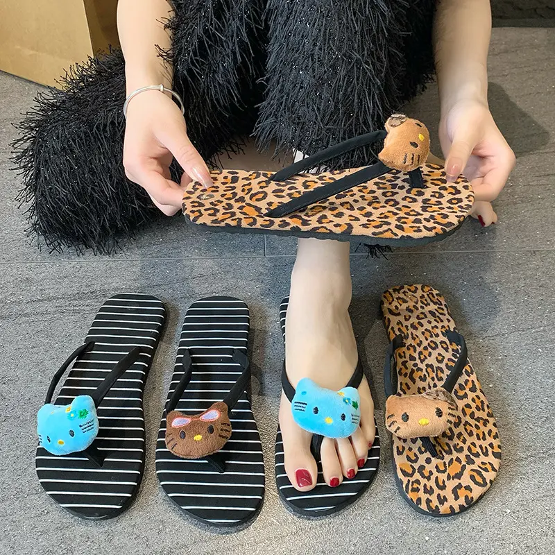 Sanrio Hellokitty Leopard Print Flip Flops Cute Home Slippers Fashion Casual Out/In Door Ladies Slippers Woman Beach Shoes Gift