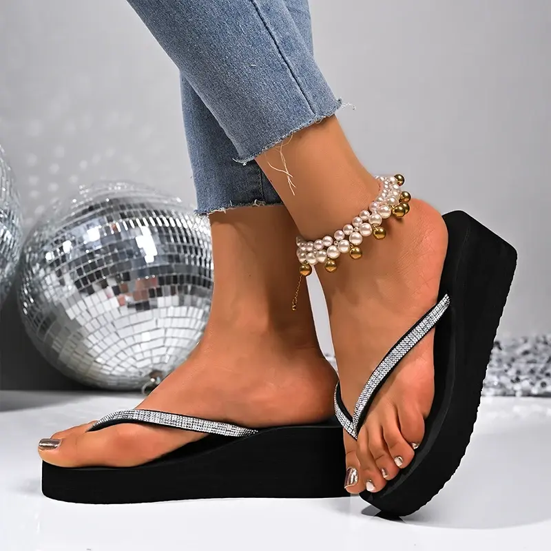 Black Crystal Flip Flops Woman Clip Toe Wedge Heels Slippers for Women Lightweight Platform Thick Sole Beach Slides Summer 2025