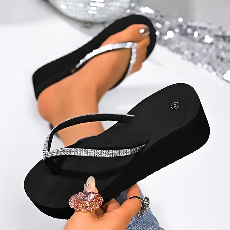 Black Crystal Flip Flops Woman Clip Toe Wedge Heels Slippers for Women Lightweight Platform Thick Sole Beach Slides Summer 2025