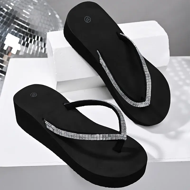 Black Crystal Flip Flops Woman Clip Toe Wedge Heels Slippers for Women Lightweight Platform Thick Sole Beach Slides Summer 2025