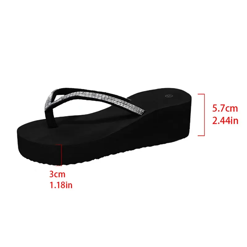 Black Crystal Flip Flops Woman Clip Toe Wedge Heels Slippers for Women Lightweight Platform Thick Sole Beach Slides Summer 2025