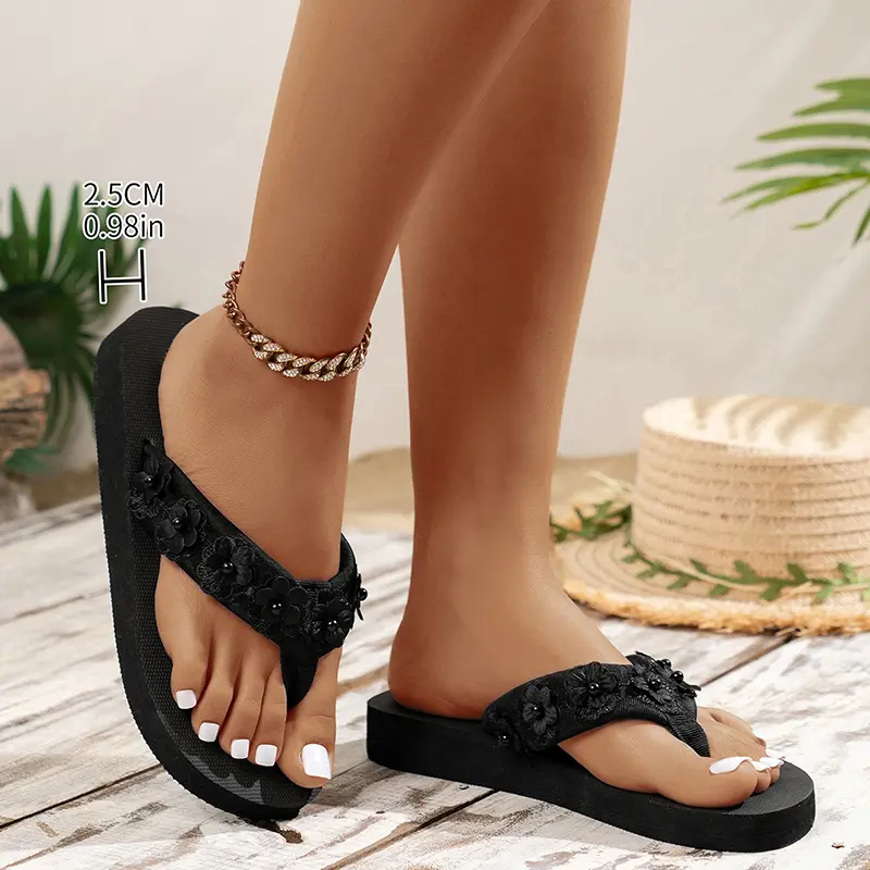 Women's Flower Decor Fashionable Flip Flops Casual Clip Toe Flat Sandals Woman Comfort Non Slip Outdoor Beach Slippers Plus Size