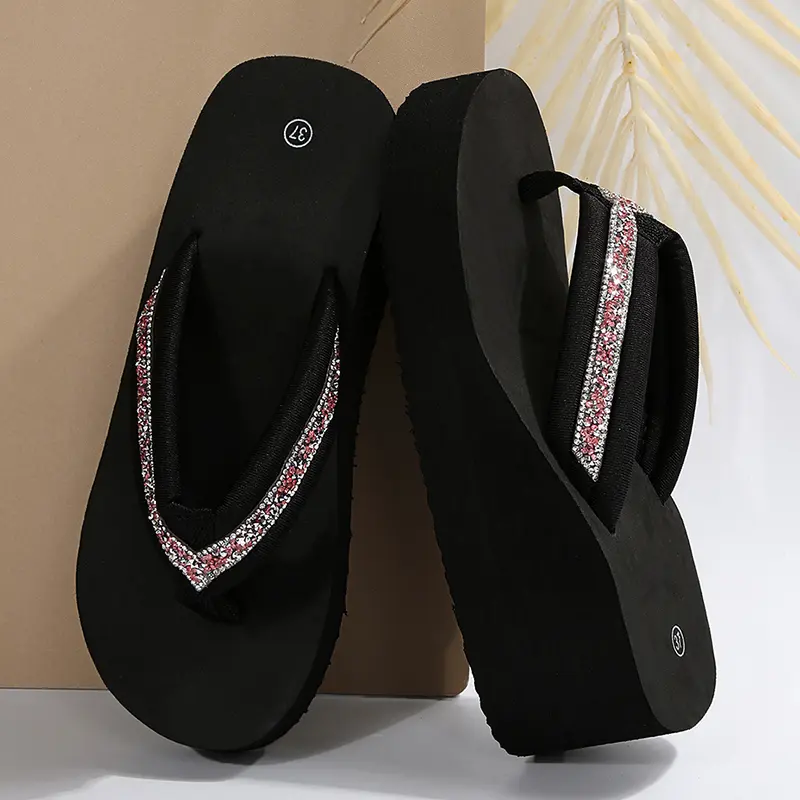 Thick Platform Rhinestone Flip Flops for Women Fashion Clip Toe Wedge Sandals Woman Summer Lightweight Non Slip Beach Slides