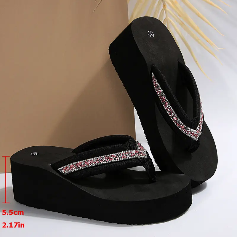 Thick Platform Rhinestone Flip Flops for Women Fashion Clip Toe Wedge Sandals Woman Summer Lightweight Non Slip Beach Slides