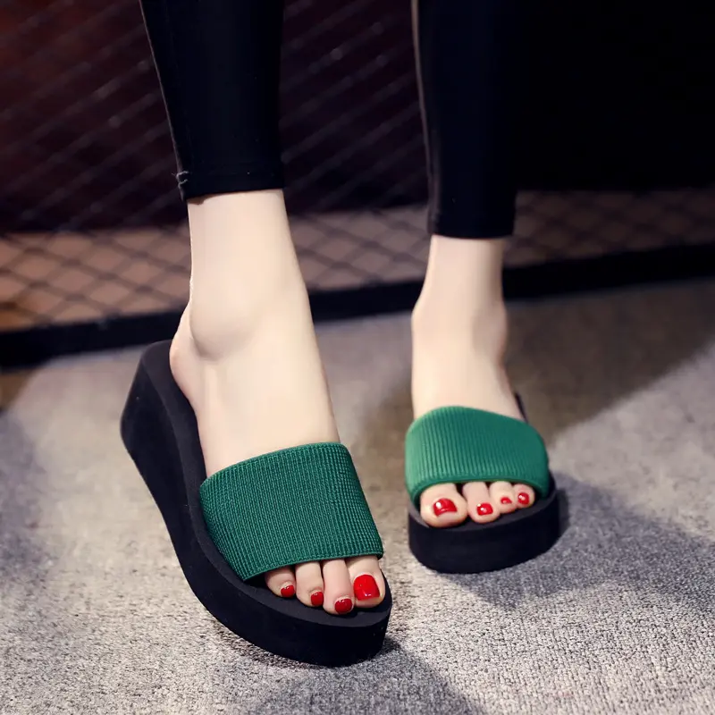 Slippers women's summer foam sandals high heels thick soles anti-skid flip flops fashionable outer stripes Korean beach slippers