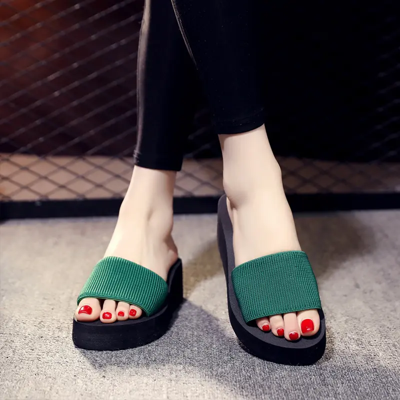 Slippers women's summer foam sandals high heels thick soles anti-skid flip flops fashionable outer stripes Korean beach slippers