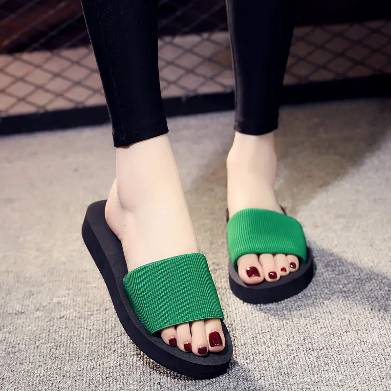 Slippers women's summer foam sandals high heels thick soles anti-skid flip flops fashionable outer stripes Korean beach slippers
