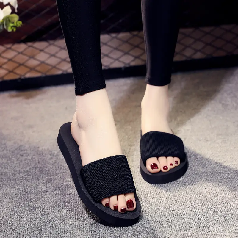Slippers women's summer foam sandals high heels thick soles anti-skid flip flops fashionable outer stripes Korean beach slippers