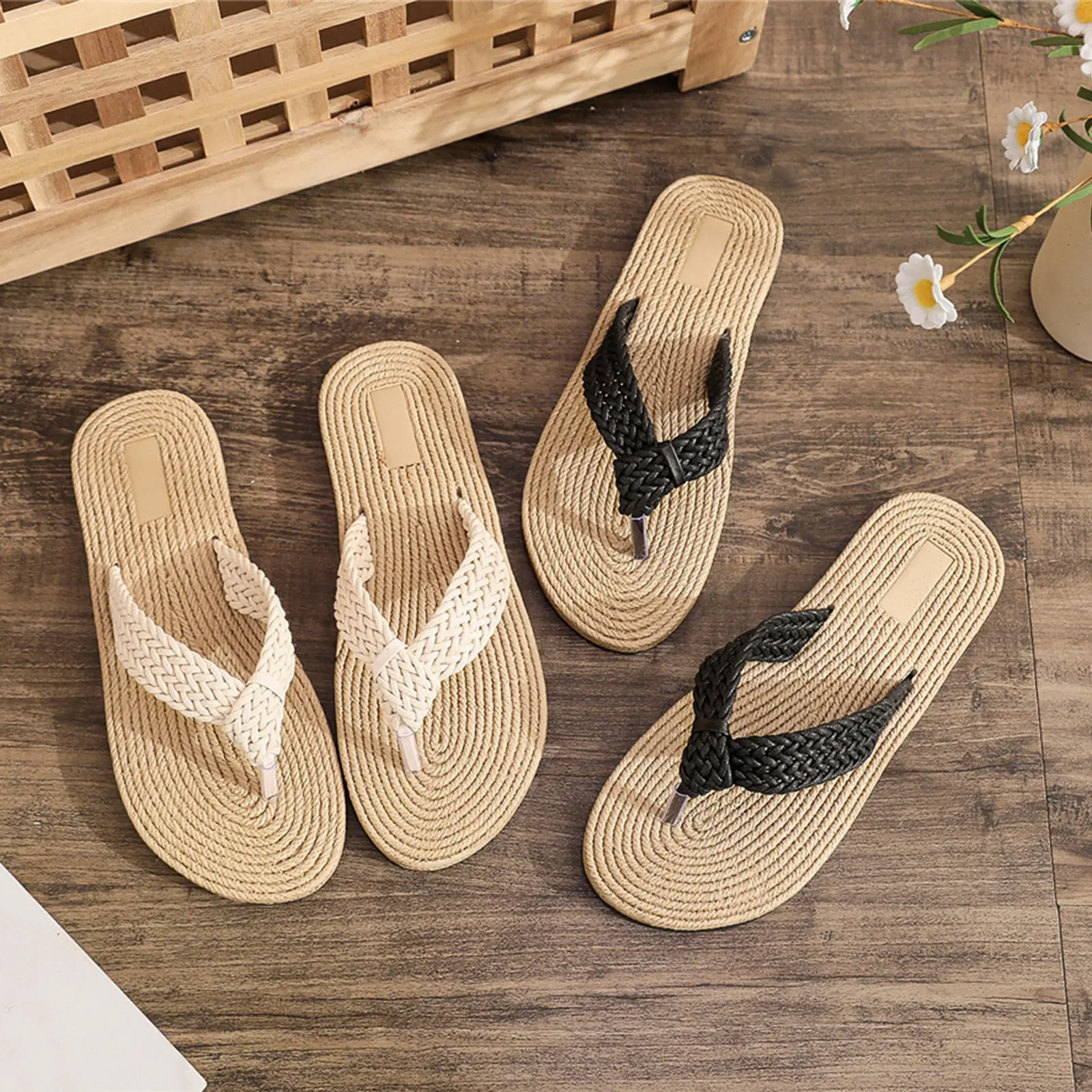 Women's Summer Casual Slides Comfortable Flax Slippers Imitation Hemp Rope Flat Bottomed Beach Flip Flops Indoor Shoes Footwear