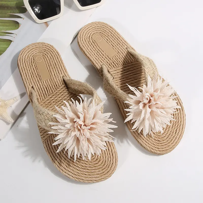 Flowers Decor Bohemian Beach Flip Flops Women Summer Straw Rope Weave Flat Heel Slippers Woman Lightweigh Anti-slip Slides Shoes