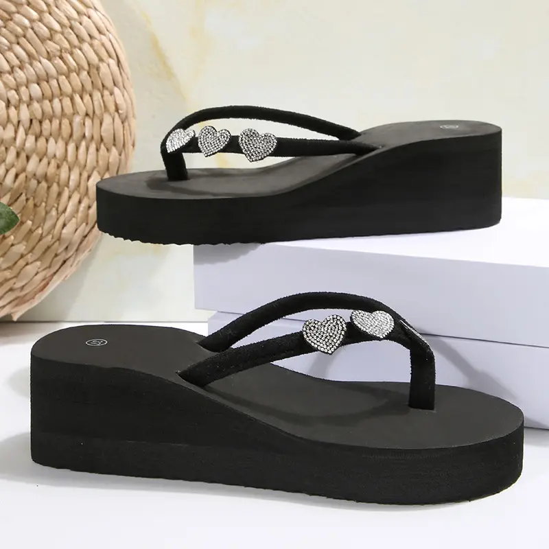 Heart Crystal Decor Wedges Flip Flops Women Summer Lightweight Chunky Platform Slippers Woman Plus Size Clip Toe Beach Sandals