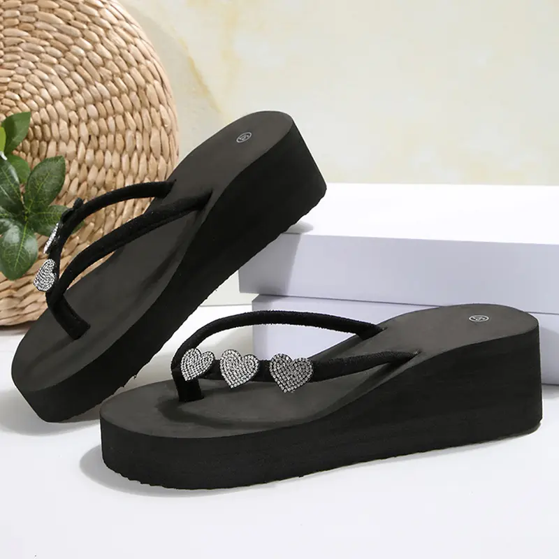 Heart Crystal Decor Wedges Flip Flops Women Summer Lightweight Chunky Platform Slippers Woman Plus Size Clip Toe Beach Sandals