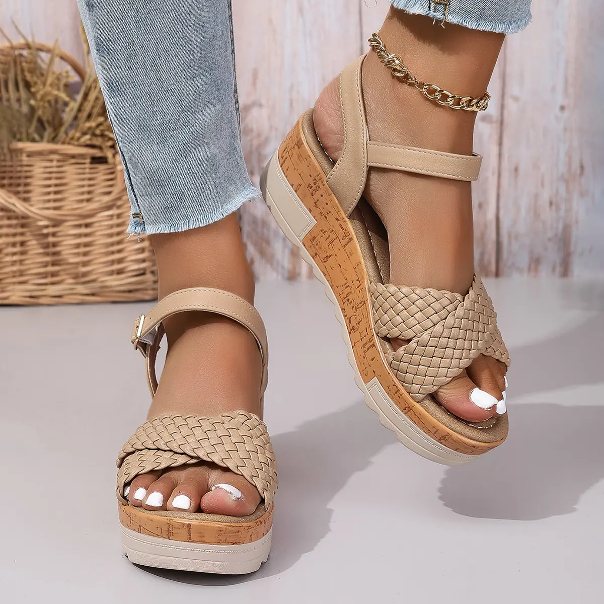 Braid Cross Band Wedge Sandals Women 2025 Summer Ankle Strap Chunky Platform Sandals Woman Non Slip Thick Bottom Gladiator Shoes