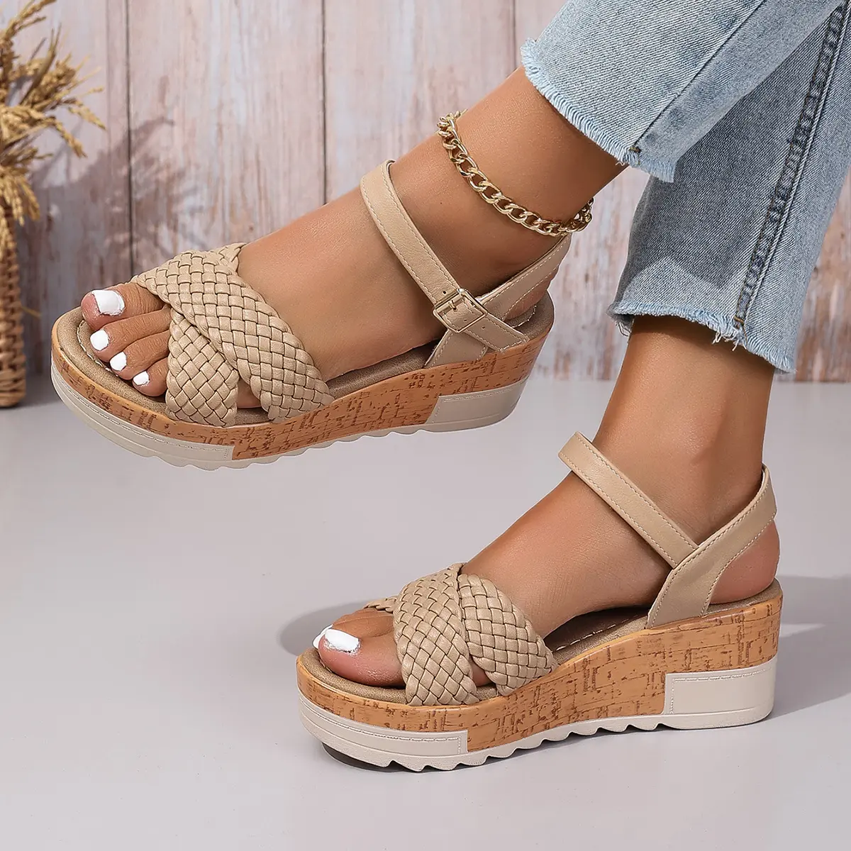 Braid Cross Band Wedge Sandals Women 2025 Summer Ankle Strap Chunky Platform Sandals Woman Non Slip Thick Bottom Gladiator Shoes