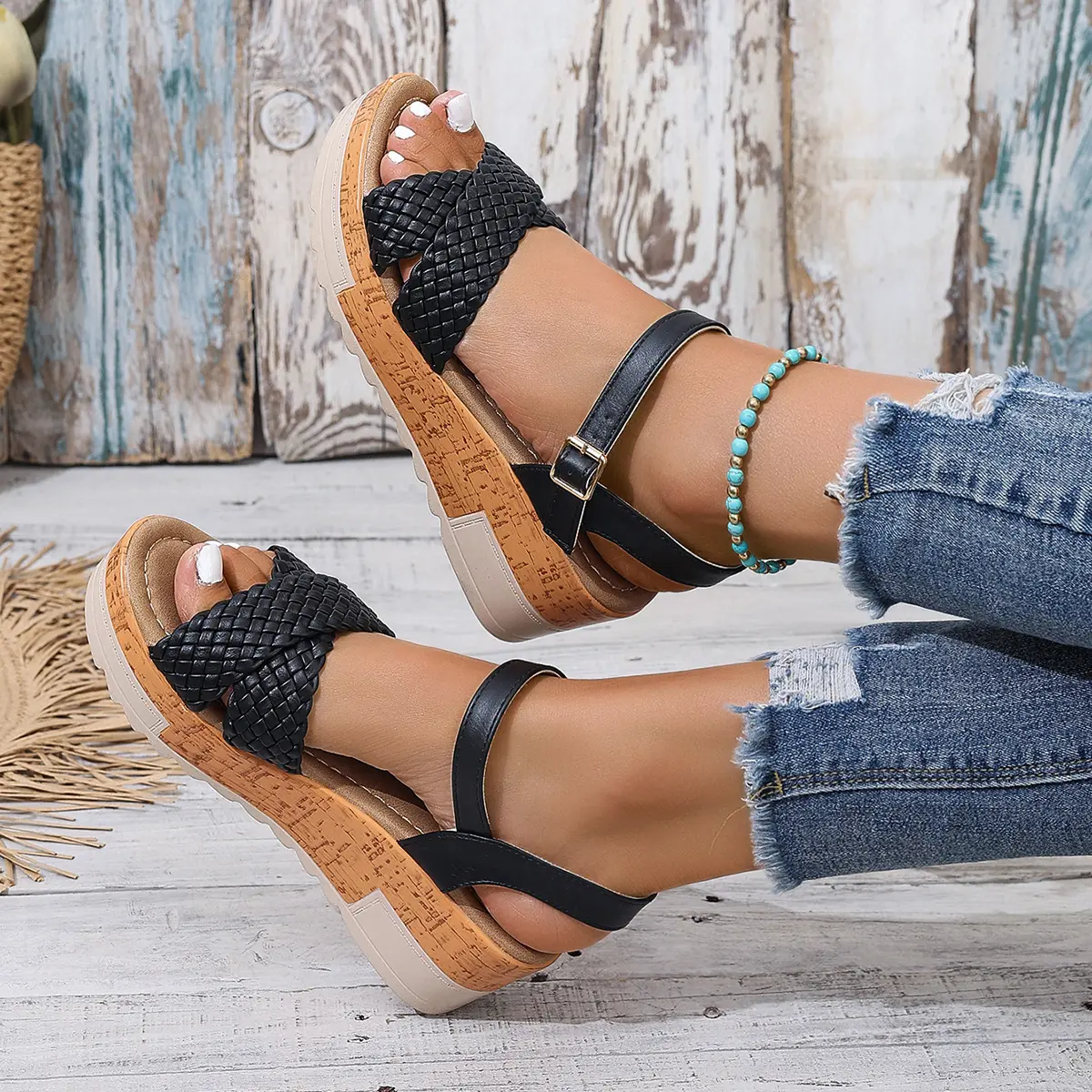 Braid Cross Band Wedge Sandals Women 2025 Summer Ankle Strap Chunky Platform Sandals Woman Non Slip Thick Bottom Gladiator Shoes