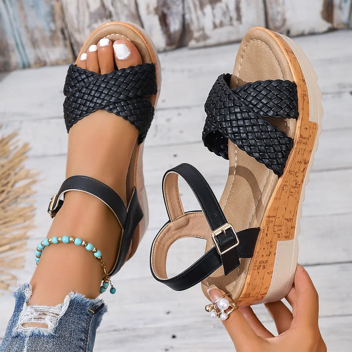 Braid Cross Band Wedge Sandals Women 2025 Summer Ankle Strap Chunky Platform Sandals Woman Non Slip Thick Bottom Gladiator Shoes