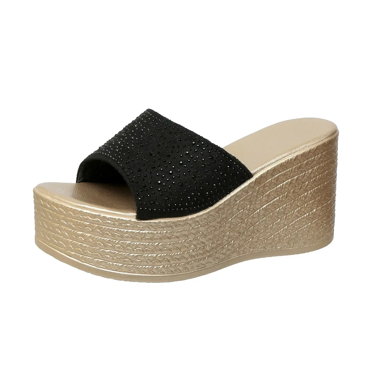 Crystal Decor Thick Bottom Wedge Sandals Women 2025 Summer Chunky Platform Beach Slippers Woman Plus Size 43 Outdoor Mule Slides