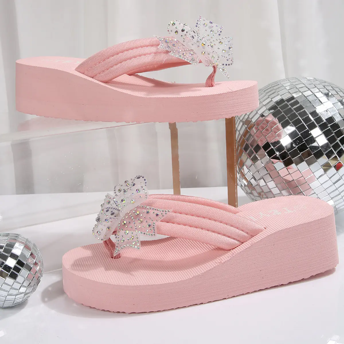 Women's Shiny Crystal Bowtie Wedge Flip Flops 2025 Summer Clip Toe Platform Slippers Woman Lightweight Non Slip Beach Sandals