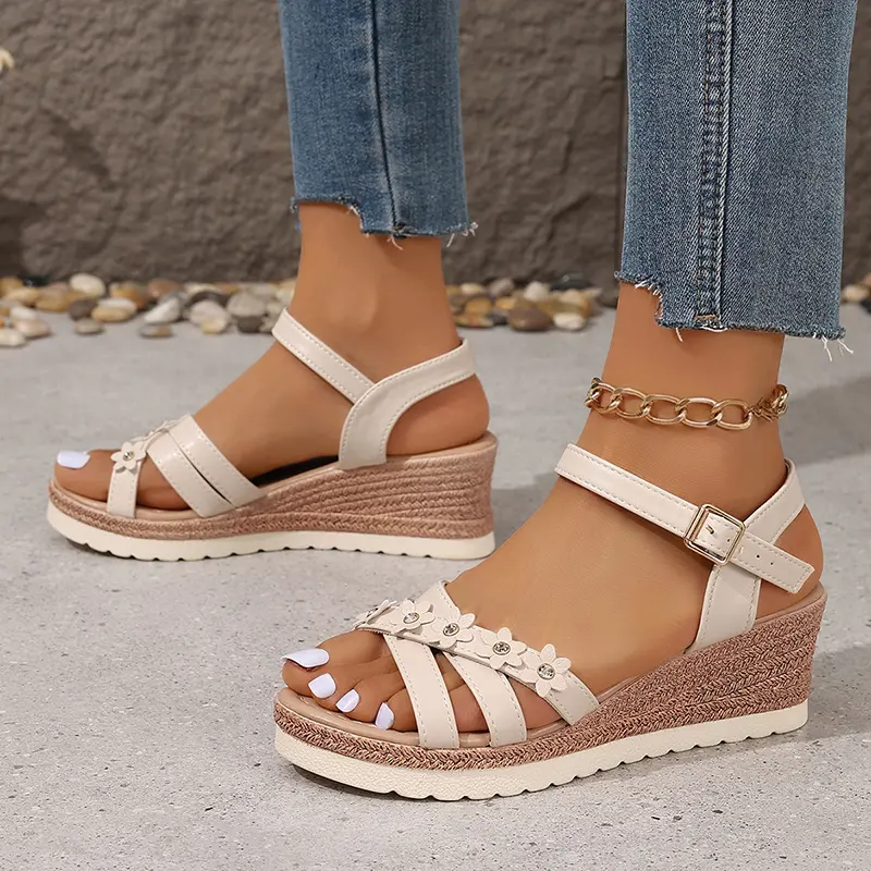 Fashion Flower Decor Women's Wedges Sandals 2024 Summer Ankle Strap Platform Sandles Woman Non Slip Casual Beach Sandalias Mujer