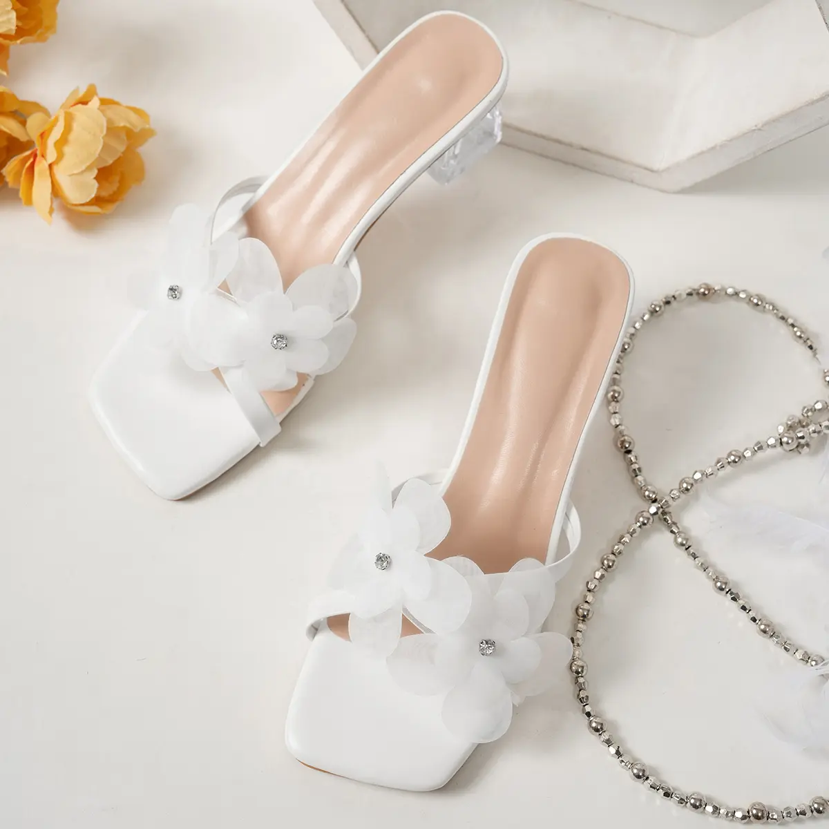 White Flower Decor High Heels Sandals Women 2025 Summer Elegant Clear Thick Heeled Slippers Woman Plus Size Square Toe Sandals