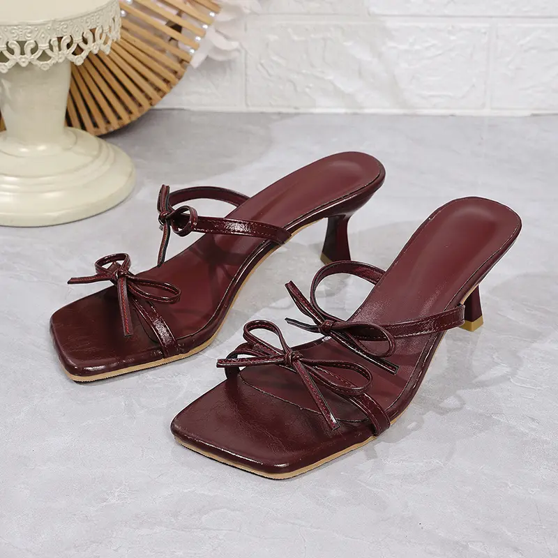 Wine Red High Heels Sandals for Women Square Toe Bowtie Decor Summer Outdoor Slippers Woman Thin Heeled Party Wedding Shoes