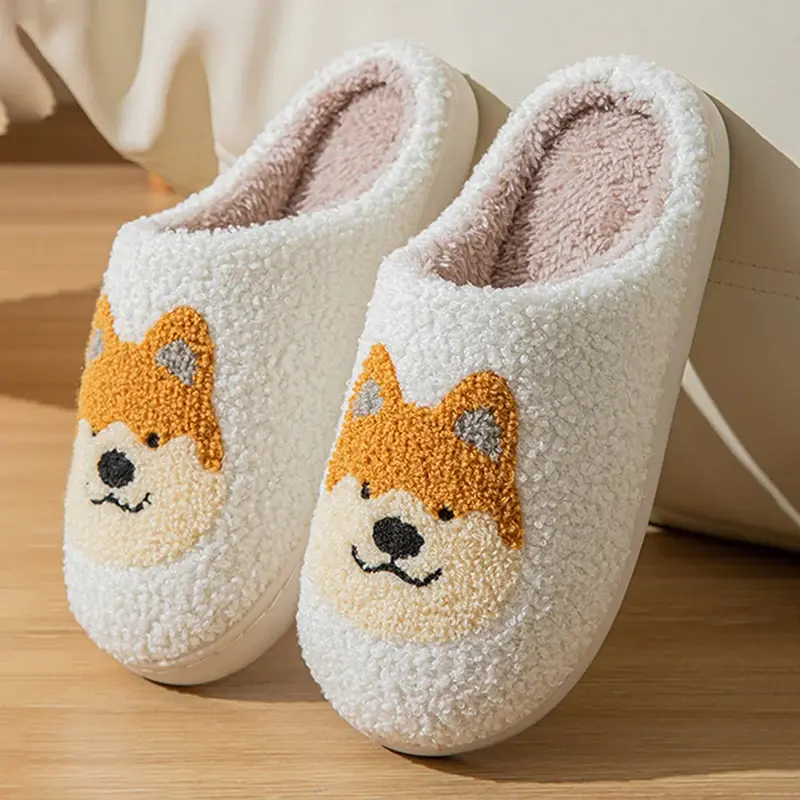 Cartoon Corgi Printed  Home Slippers Women 2024 Winter Warm Soft Bottom Non-Slip Plush Slippers Woman Indoor Flat Cotton Slides