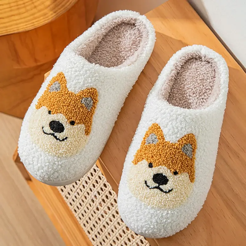 Cartoon Corgi Printed  Home Slippers Women 2024 Winter Warm Soft Bottom Non-Slip Plush Slippers Woman Indoor Flat Cotton Slides