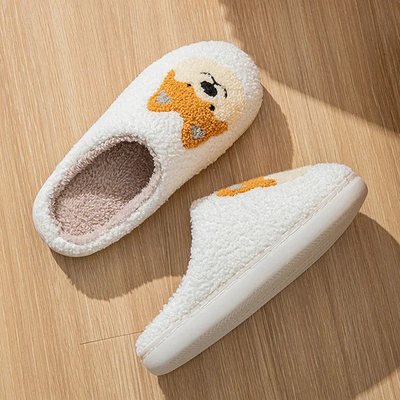 Cartoon Corgi Printed  Home Slippers Women 2024 Winter Warm Soft Bottom Non-Slip Plush Slippers Woman Indoor Flat Cotton Slides
