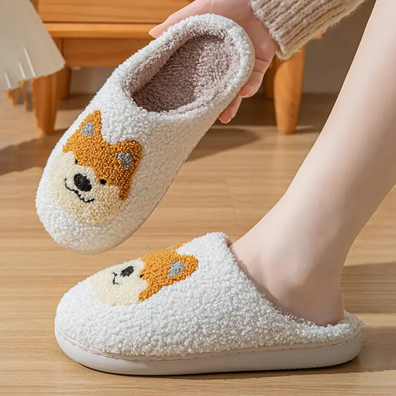 Cartoon Corgi Printed  Home Slippers Women 2024 Winter Warm Soft Bottom Non-Slip Plush Slippers Woman Indoor Flat Cotton Slides