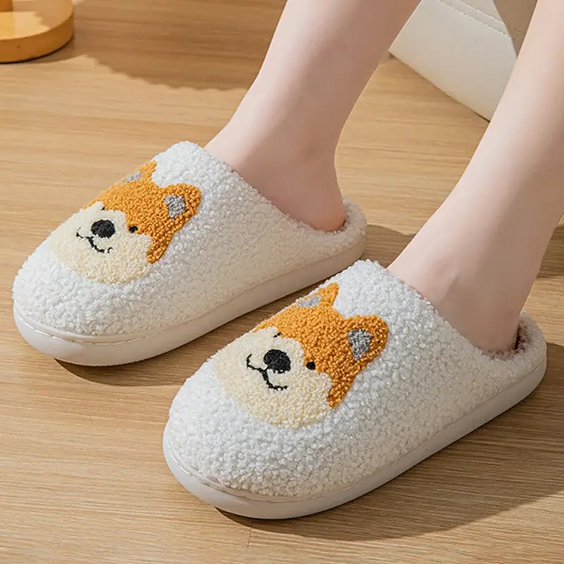 Cartoon Corgi Printed  Home Slippers Women 2024 Winter Warm Soft Bottom Non-Slip Plush Slippers Woman Indoor Flat Cotton Slides