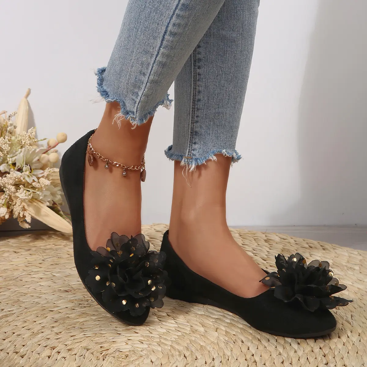Flower Decor Ballet Flat Shoes Women 2025 Spring Slip On Loafers Woman Plus Size 42 Comfort Soft Sole Casual Glitter Flats