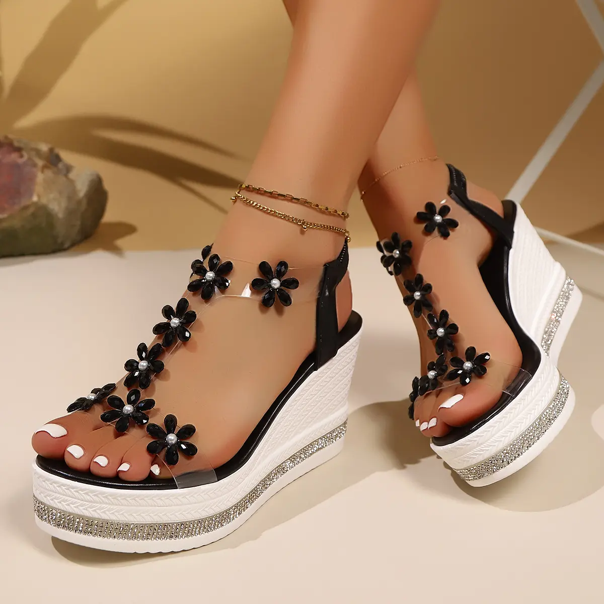 Crystal Flower Decor Chunky Platform Sandals Women 2025 Summer Thick Bottom Wedge Sandals Woman Plus Size 43 Sandalias Mujer