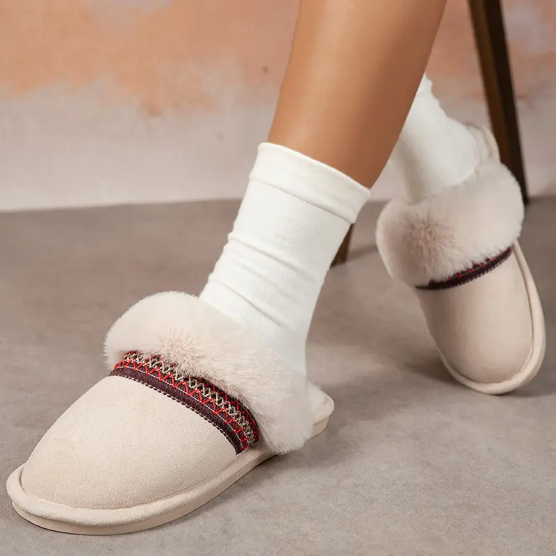 Stripe Decor Fluffy Fur Flat Cotton Slippers Women  Faux Suede Thicken Plush Home Slippers Winter War Soft Sole Anti Slip Slides
